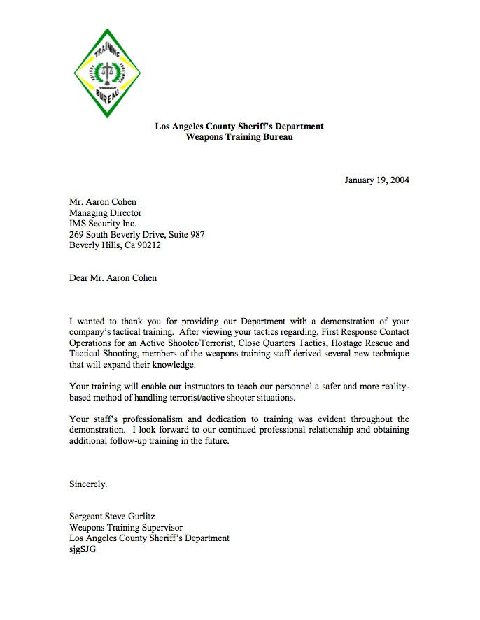 LA County Sheriff's Weapons Training Supervisor Letter Of Recommendation